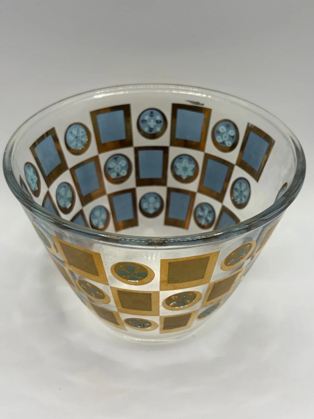 Vintage Mid Century Modern Gold Teal Checkered Glass Ice Bucket Serving Bowl